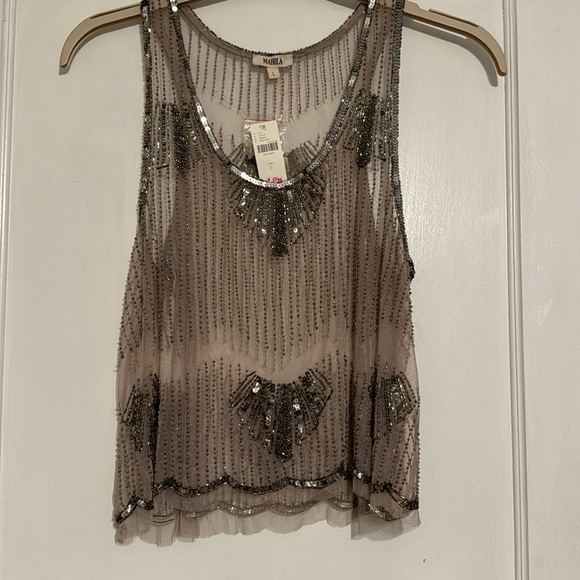 Anthro Mahila intricately beaded tank. Pink/rose with silver beads. Size L. - Picture 2 of 5